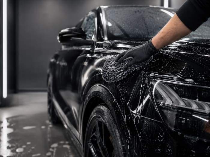 Exterior detail — hand washing the car with a wash mitt