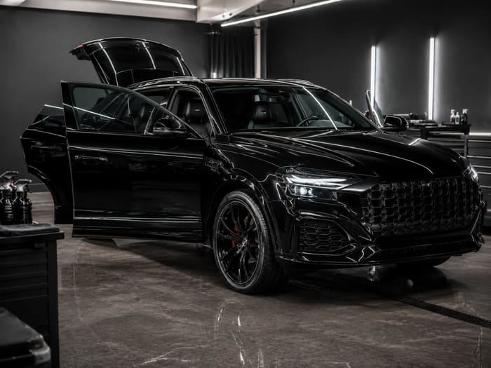 Full detail — finished black Audi Q8 in the detailing garage